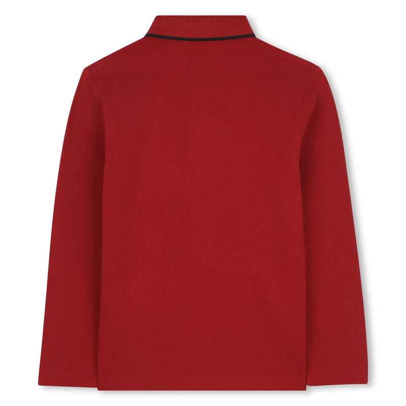 Rear view of the BOSS boy's long sleeve polo shirt.
