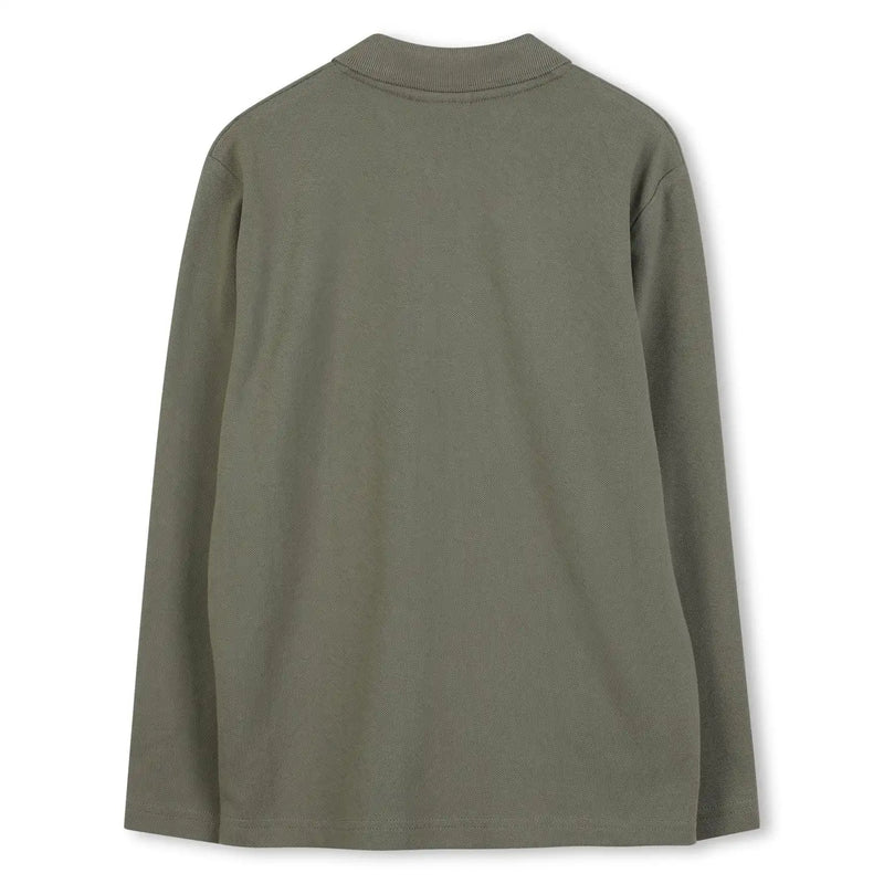 Back of the BOSS green long sleeve polo shirt.