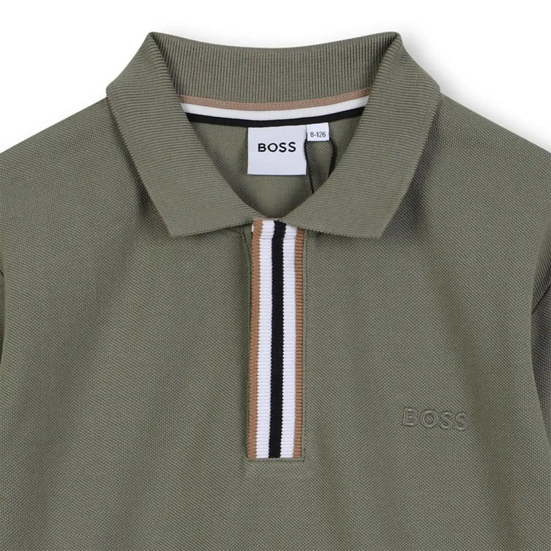 Closer view of the BOSS long sleeve polo shirt.