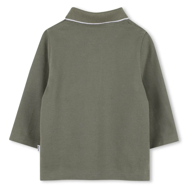 Back of the BOSS green long sleeve polo shirt.