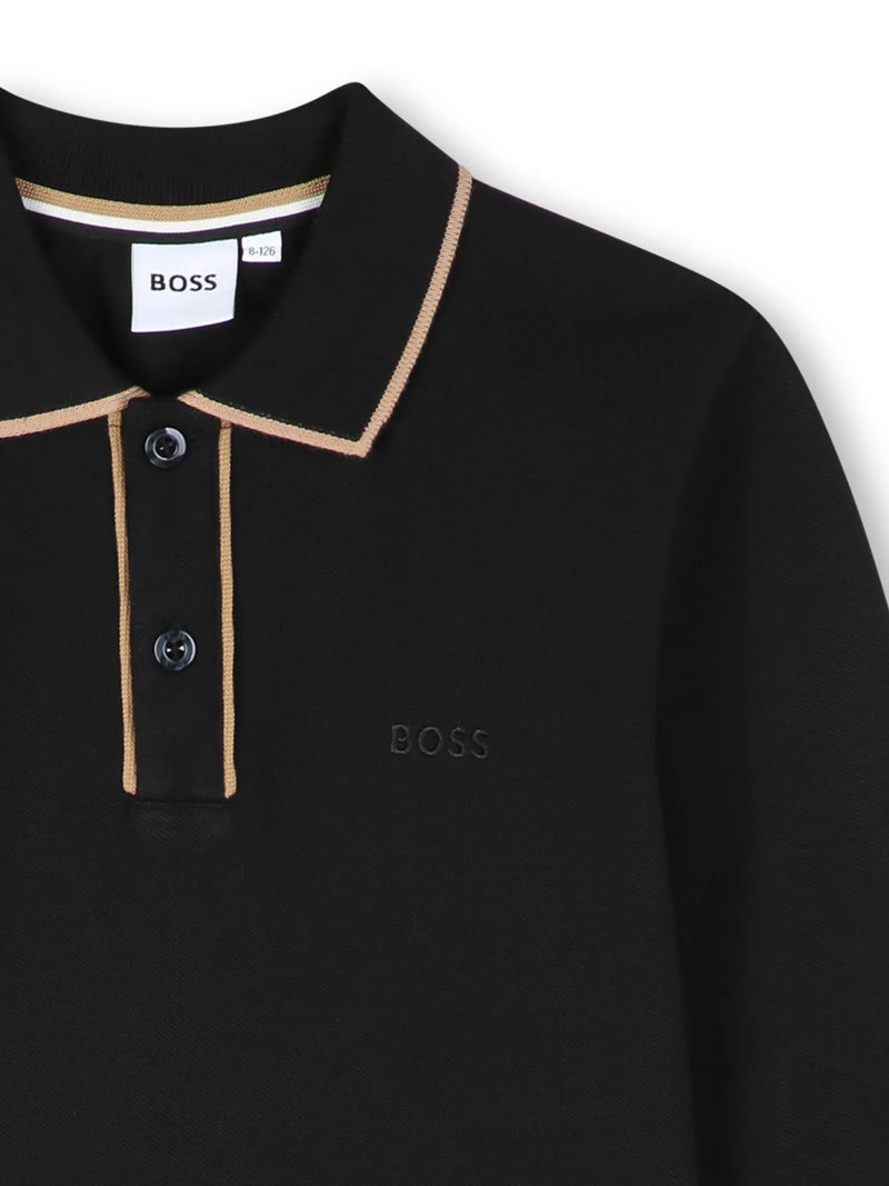 Closer look at the BOSS long sleeve polo shirt showing detail of the tonal logo.