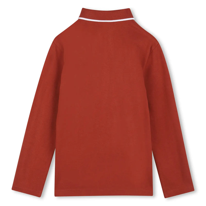 Rear view of the BOSS red long sleeve polo shirt.
