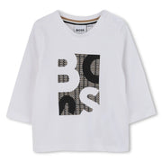 BOSS boy's white black long sleeve logo t-shirt - j52472.