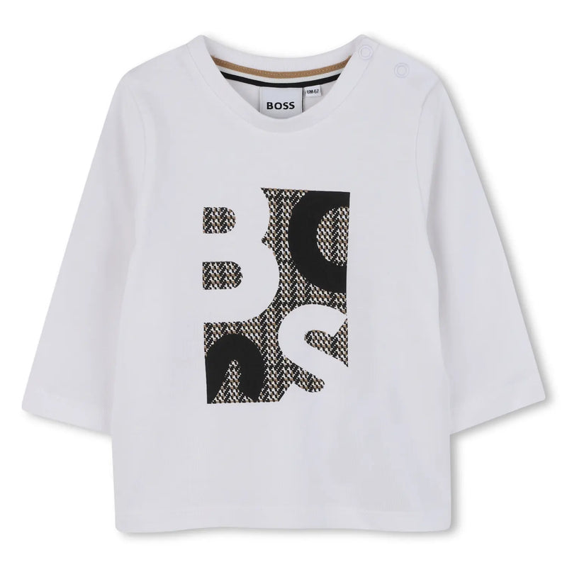 BOSS boy's white black long sleeve logo t-shirt - j52472.