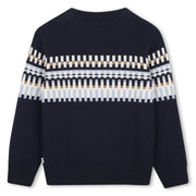 Back of the BOSS navy patterned sweater.