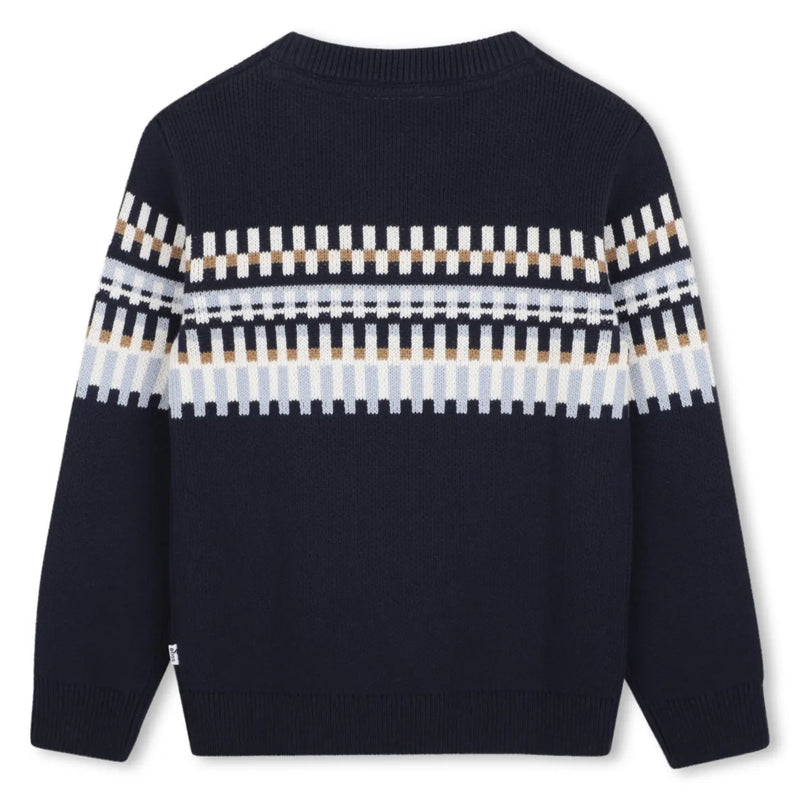 Back of the BOSS navy patterned sweater.