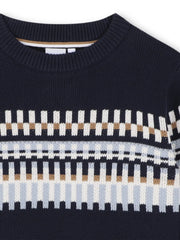 Closer look at the BOSS patterned sweater.