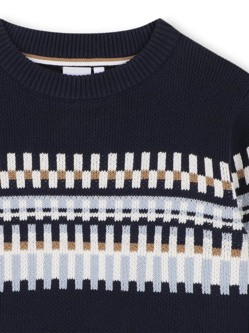 Closer look at the BOSS patterned sweater.