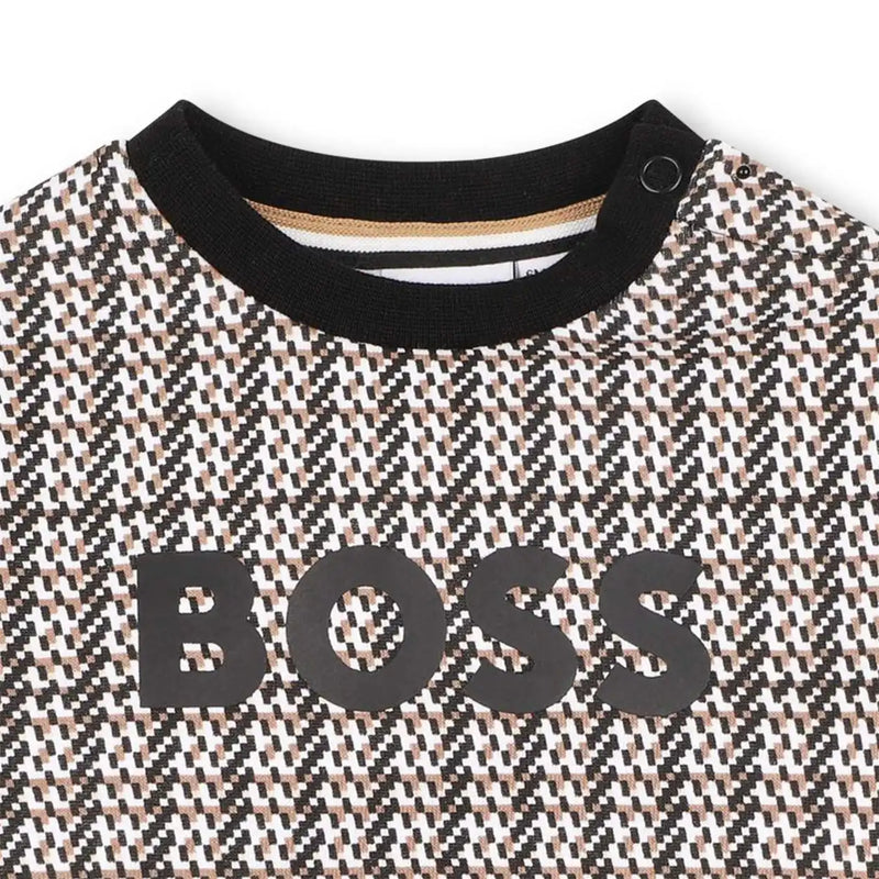 Closer look at the BOSS patterned sweatshirt.