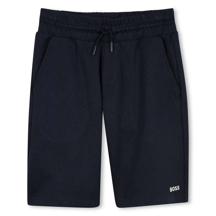 Closer look at the BOSS navy shorts.