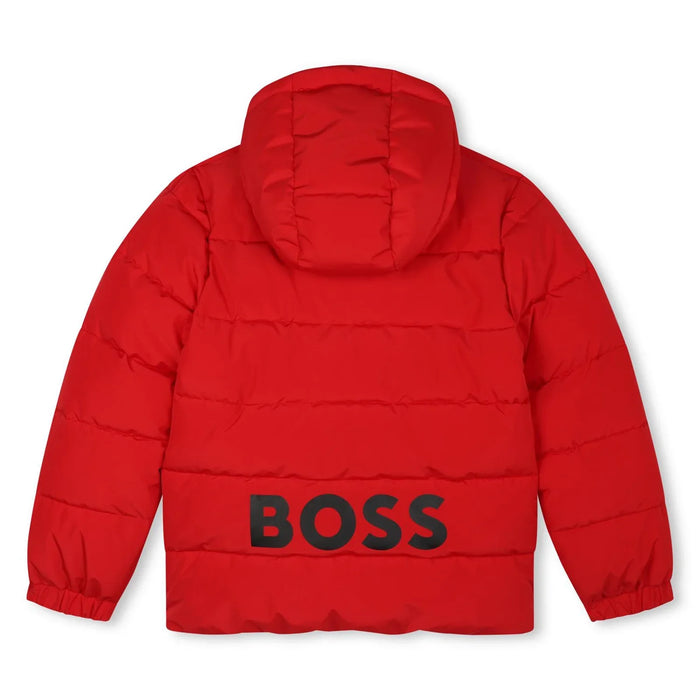 Back view of the BOSS red puffer jacket.