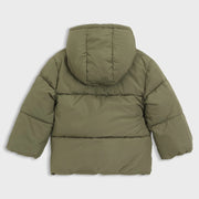 Back of the BOSS green puffer jacket.