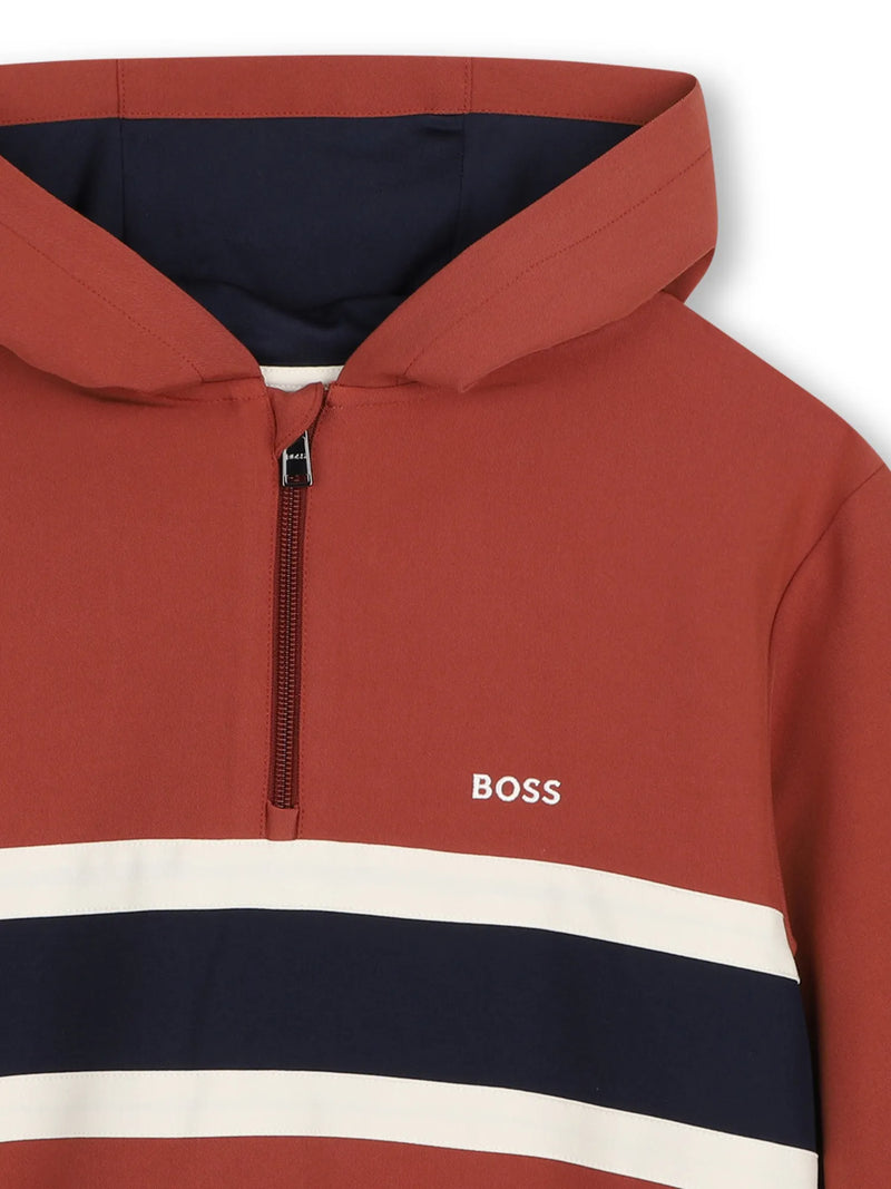 Closer view of the BOSS half zip hoodie.