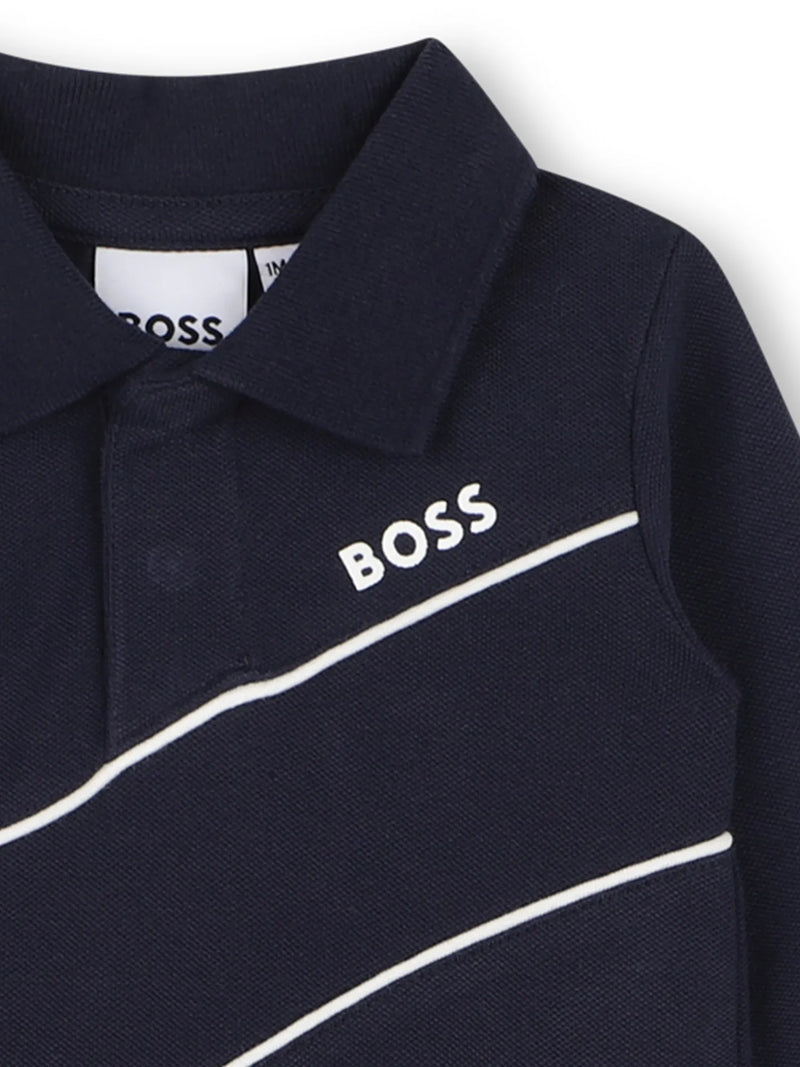 BOSS romper with contrasting white logo.