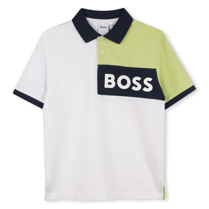 Closer look at the BOSS colourblock polo shirt.