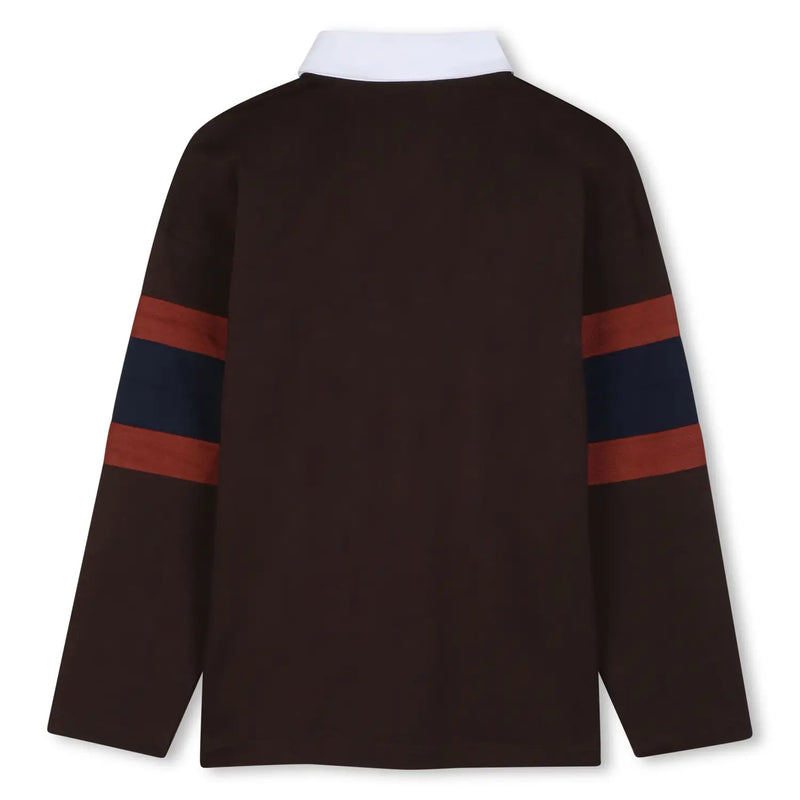 Rear view of the BOSS striped polo shirt.