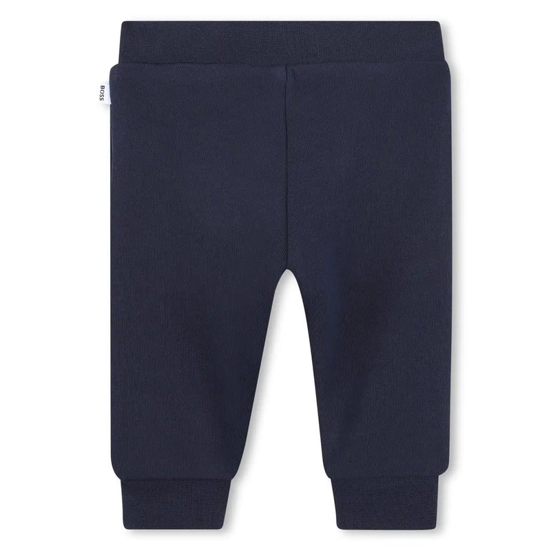 Back of the BOSS navy track bottoms.