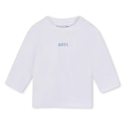 Baby boy's crisp white long sleeve t-shirt.