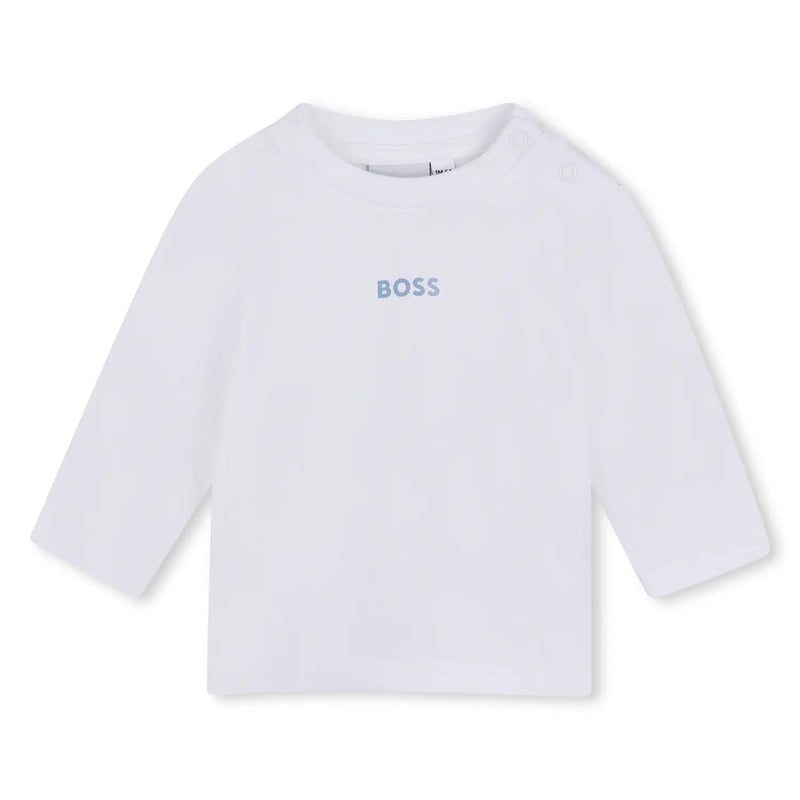 Baby boy's crisp white long sleeve t-shirt.