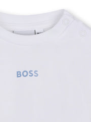 White long sleeve t-shirt with blue BOSS logo.