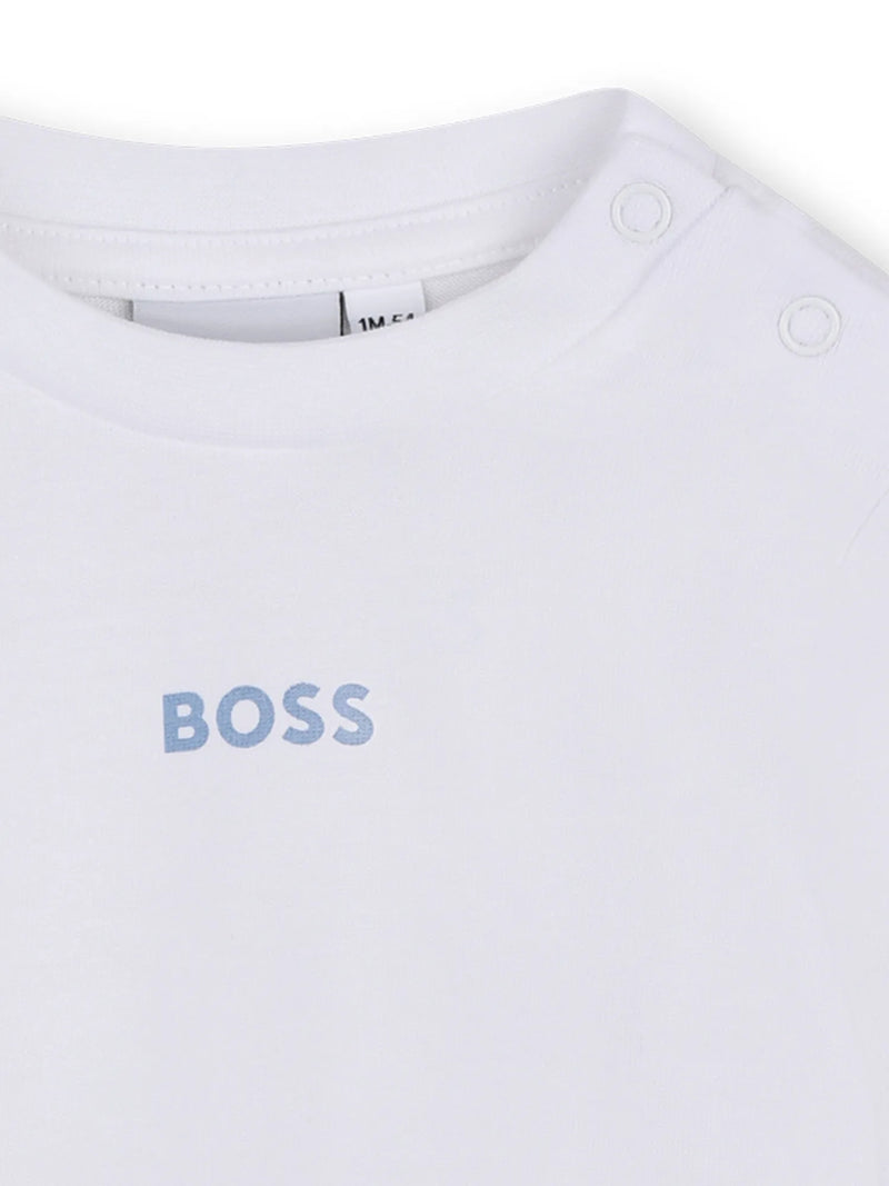 White long sleeve t-shirt with blue BOSS logo.