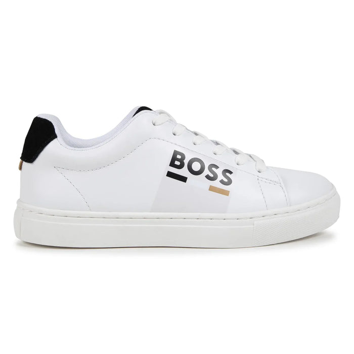 Side view of the BOSS white trainers.