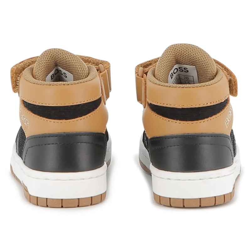 Back of the BOSS brown trainers.