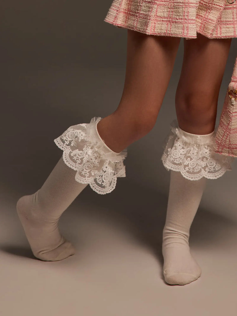 Daga lace frill knee socks, modelled by girl.