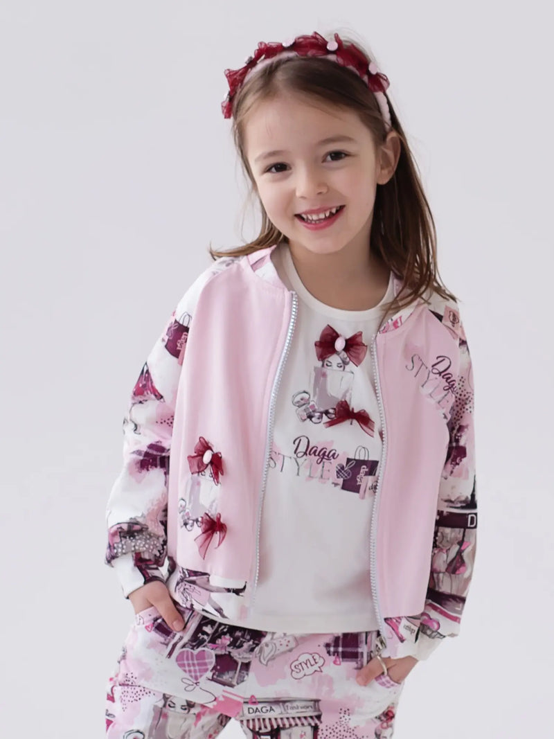 Daga pink printed jacket, modelled by girl.