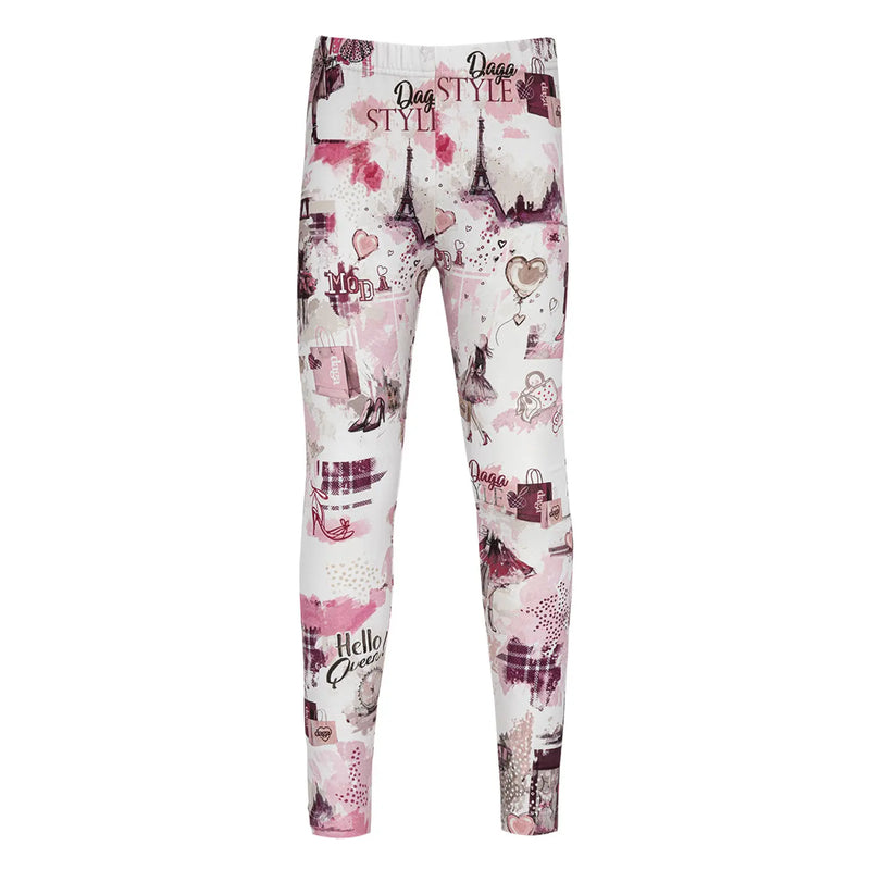 Girl's white leggings with fashion themed print.