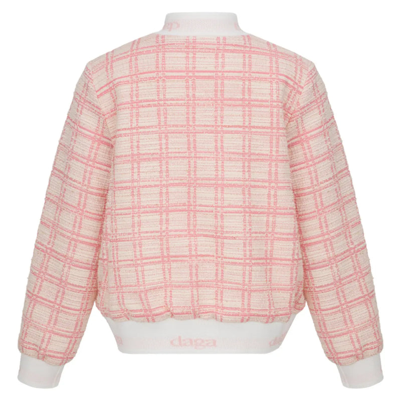 Rear view of the Daga pink tweed jacket.
