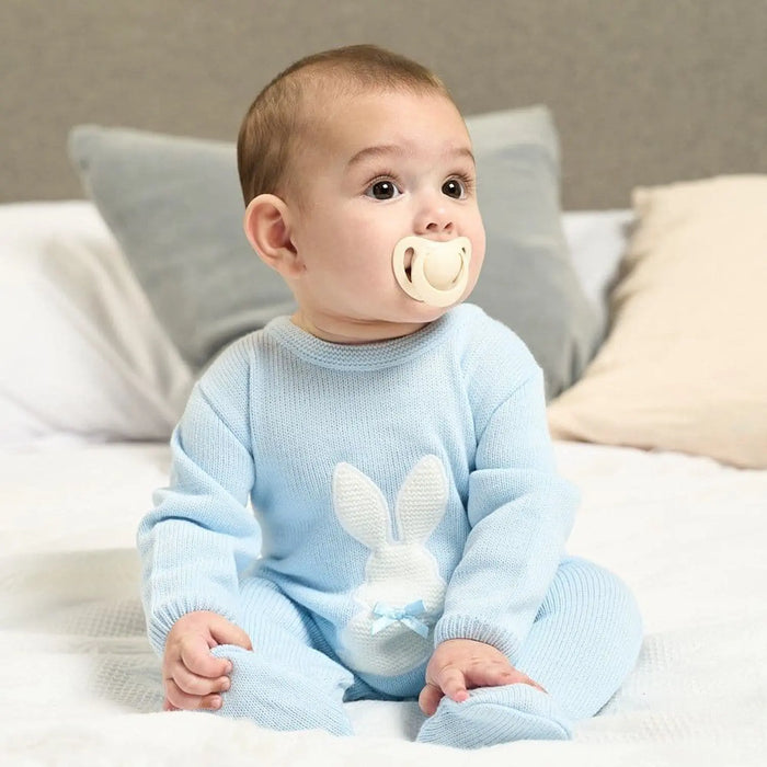 Boy wearing the Dandelion bunny babygrow.