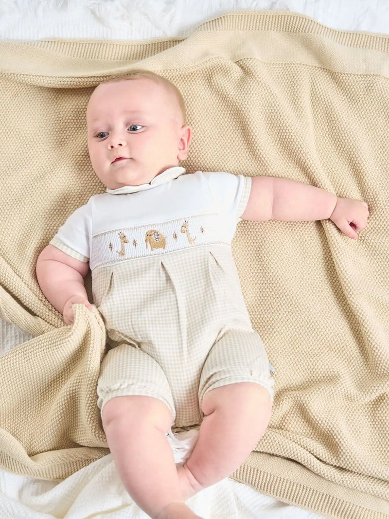 Baby boy wearing the Dandelion gingham romper.