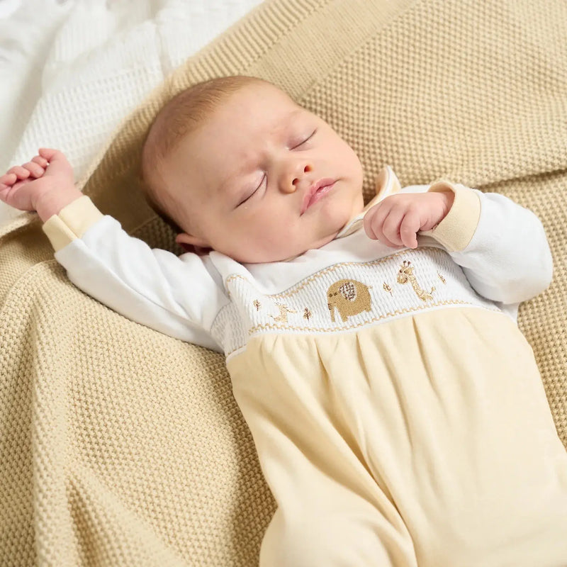 Sleeping baby wearing the Dandelion jungle friend babygrow.