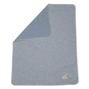 Blue and white striped baby blanket with rainbow logo in the corner. 