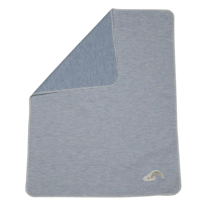 Blue and white striped baby blanket with rainbow logo in the corner. 