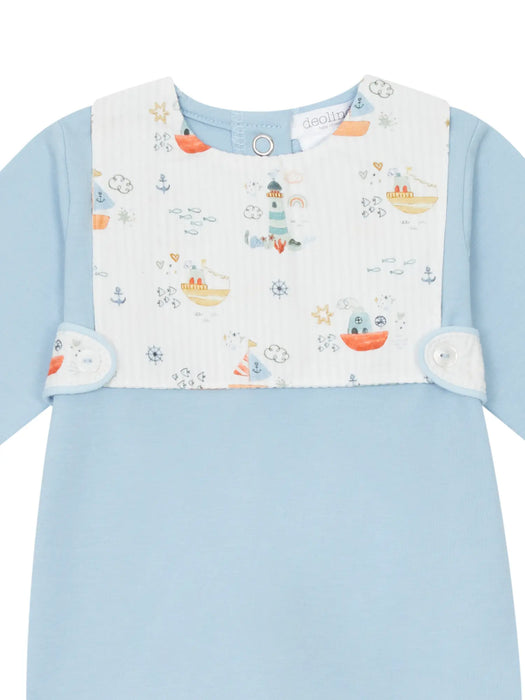 Closer look at the Deolinda sailboat babygrow.