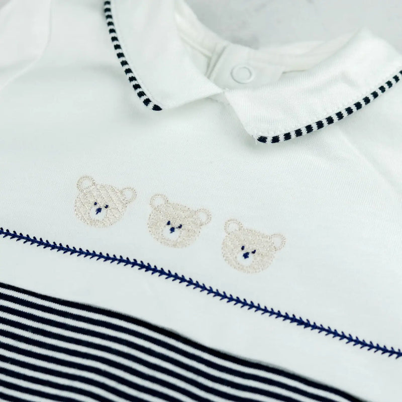 Emile et Rose jasper babygrow with teddy bear embroidery.