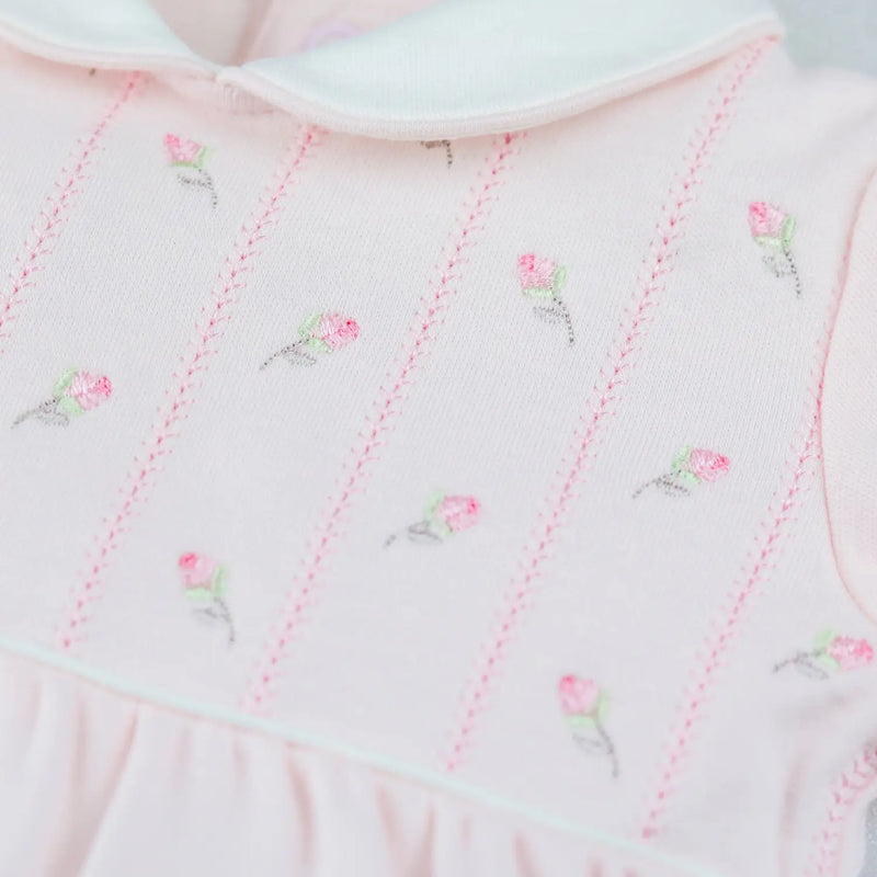 Emile et Rose jilly babygrow with pink rose embroidery.