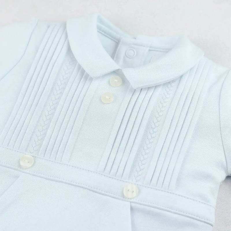 Blue Emile et Rose babygrow with pleats on the chest.