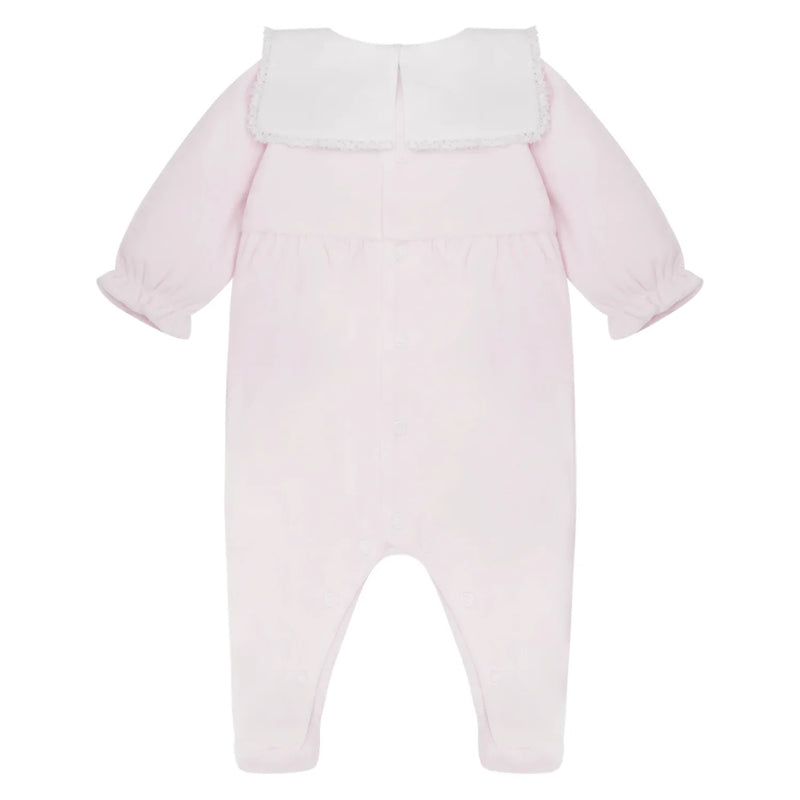 Rear view of the Emile et Rose pink katie babygrow.