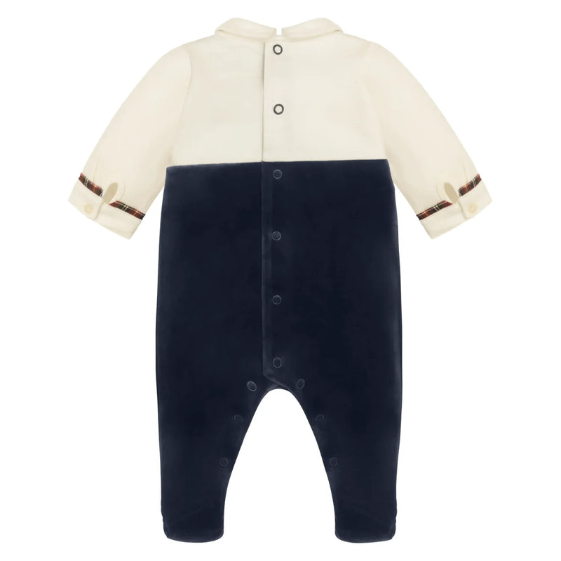 Rear view of the Emile et Rose navy kenneth babygrow.