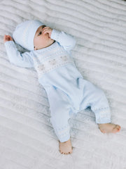 Baby boy in blue kristian romper by Emile et Rose.