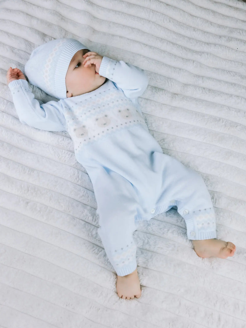 Baby boy in blue kristian romper by Emile et Rose.