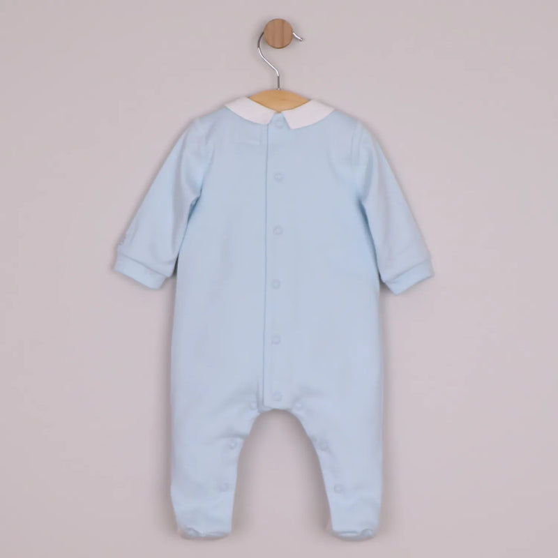 Back of the Emile et Rose blue miles babygrow.