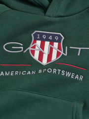 Closer view of the GANT archive shield hoodie.