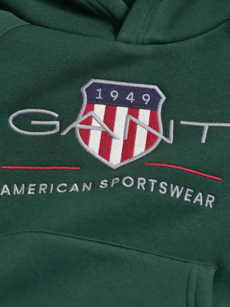 Closer view of the GANT archive shield hoodie.