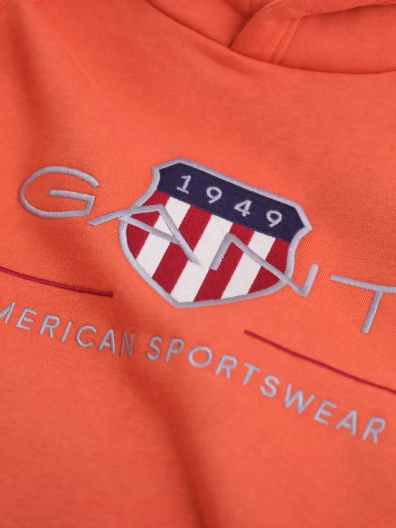 Closer view of the GANT archive shield hoodie.