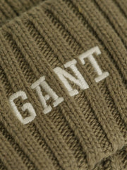 Closer view of the GANT embroidered beanie.