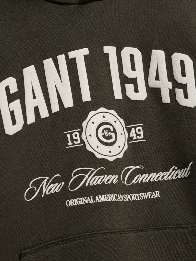 Closer view of the GANT varsity hoodie.